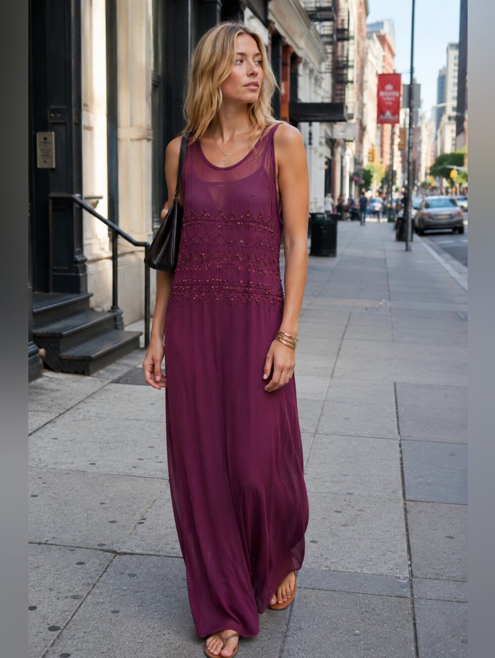 Free People Beaded Mesh Side Slit Maxi Top XS